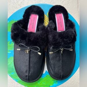 Kate Spade Lacey Black Glitter Fur-Lined Slippers